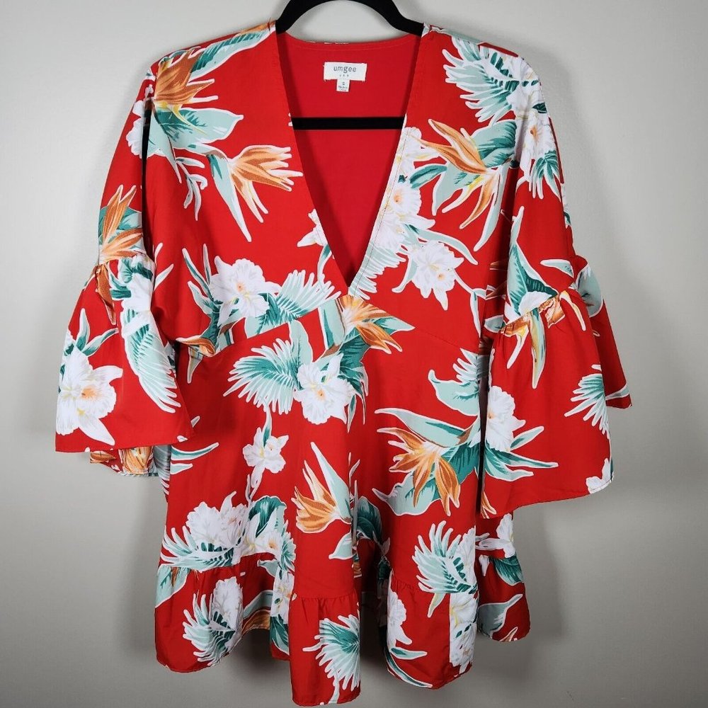 Umgee Shirt Womens S Red Floral V Neck 3/4 Sleeve Tunic Blouse Flutter Ruffle